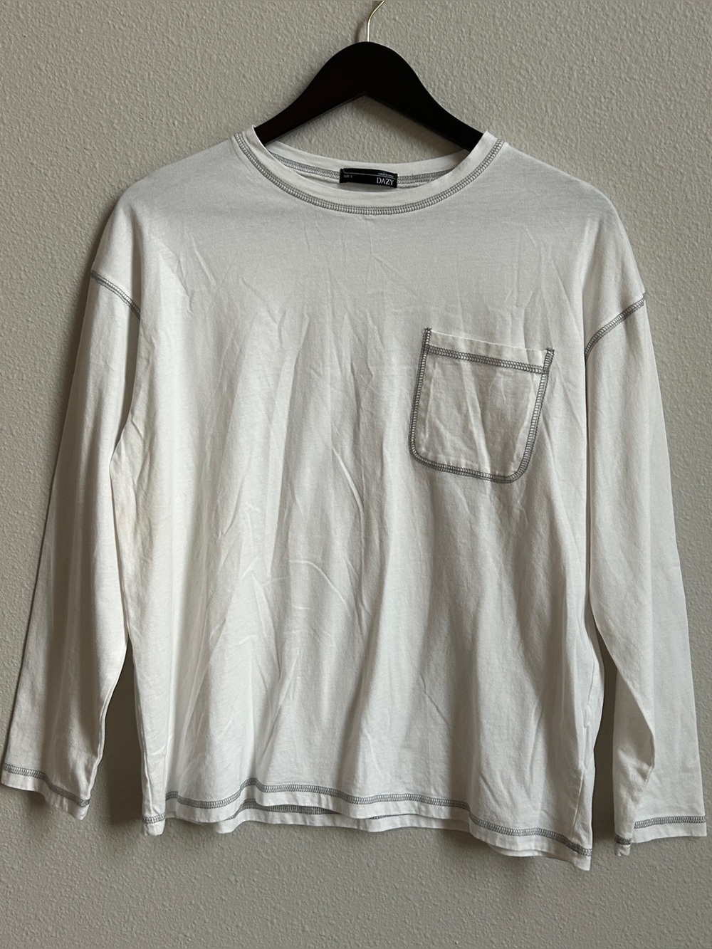 DAN Long-Sleeve White Pocket Tee with Contrast Stitching